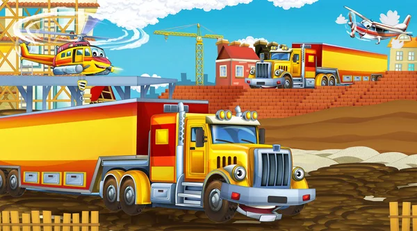 Мультфильм сцена с промышленными автомобилями на строительной площадке и летающий вертолет - иллюстрация для детей — стоковое фото