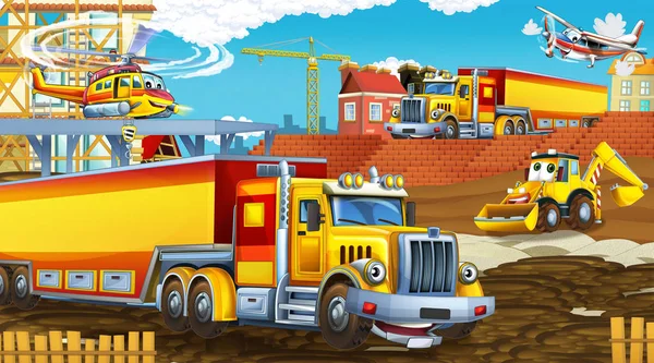 Scena dei cartoni animati con auto del settore in cantiere ed elicottero volante - illustrazione per bambini — Foto Stock