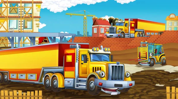 Scena kreskówek z samochodami przemysłowymi na placu budowy - ilustracja dla dzieci — Zdjęcie stockowe