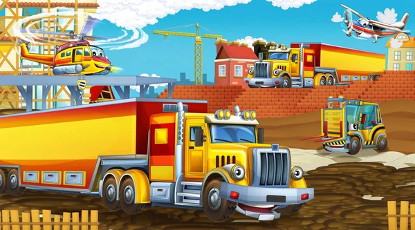 Escena de dibujos animados con coches de la industria en el sitio de construcción y helicóptero volador - ilustración para los niños — Foto de Stock