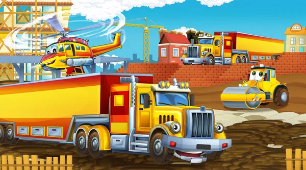 Cartoon scene met industrie auto 's op de bouwplaats en vliegende helikopter - illustratie voor kinderen — Stockfoto