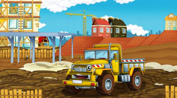 Cena dos desenhos animados com carros da indústria no canteiro de obras - ilustração para crianças — Fotografia de Stock