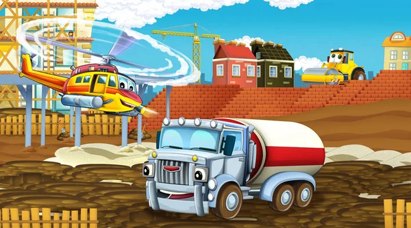 İnşaat alanında endüstri arabalarının ve uçan helikopterlerin olduğu karikatür sahnesi - çocuklar için illüstrasyon — Stok fotoğraf