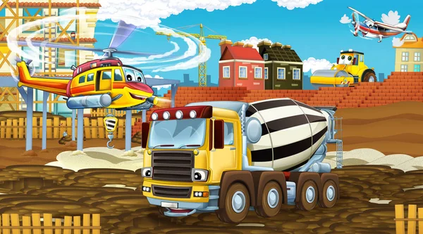 Escena de dibujos animados con coches de la industria en el sitio de construcción y helicóptero volador - ilustración para los niños —  Fotos de Stock