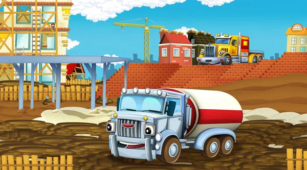 Escena de dibujos animados con coches de la industria en el sitio de construcción - ilustración para los niños — Foto de Stock