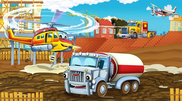 Cartoon scene met industrie auto 's op de bouwplaats en vliegende helikopter - illustratie voor kinderen — Stockfoto