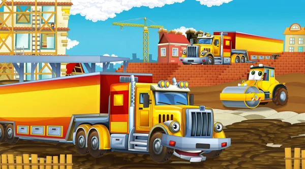 Cartoon scene with industry cars on construction site - illustration for children — Stock Photo, Image