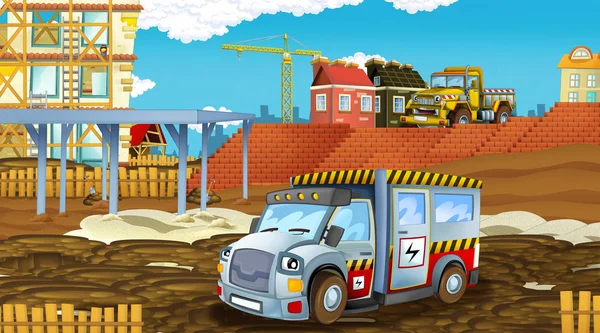 Cena dos desenhos animados com carros da indústria no canteiro de obras - ilustração para crianças — Fotografia de Stock