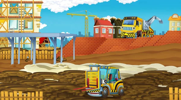 Scena dei cartoni animati con auto del settore in cantiere - illustrazione per bambini — Foto Stock