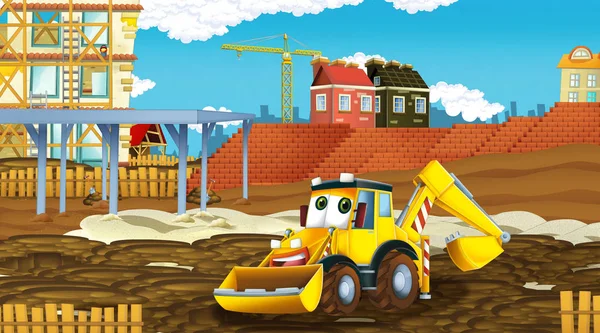 Scène de dessin animé avec des voitures de l'industrie sur le site de construction illustration pour les enfants — Photo