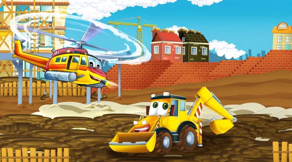 cartoon scene with industry cars on construction site and flying helicopter - illustration for children