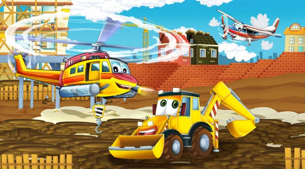 Cartoon scene met industrie auto 's op de bouwplaats en vliegende helikopter en vliegtuig - illustratie voor kinderen — Stockfoto