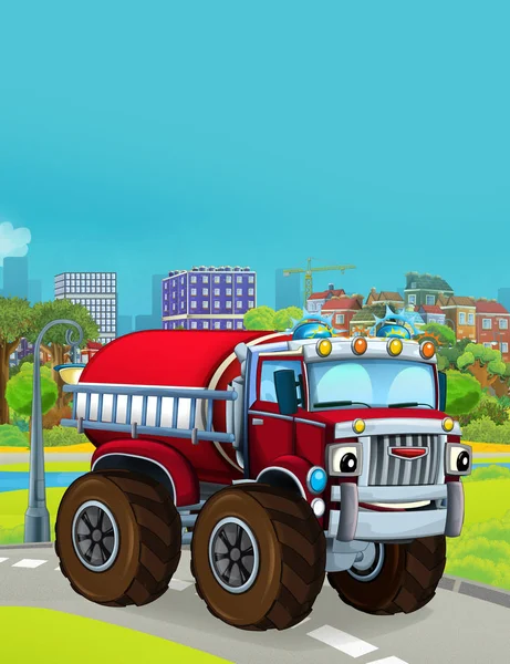 Cena dos desenhos animados com veículo bombeiro na estrada - ilustração para crianças — Fotografia de Stock