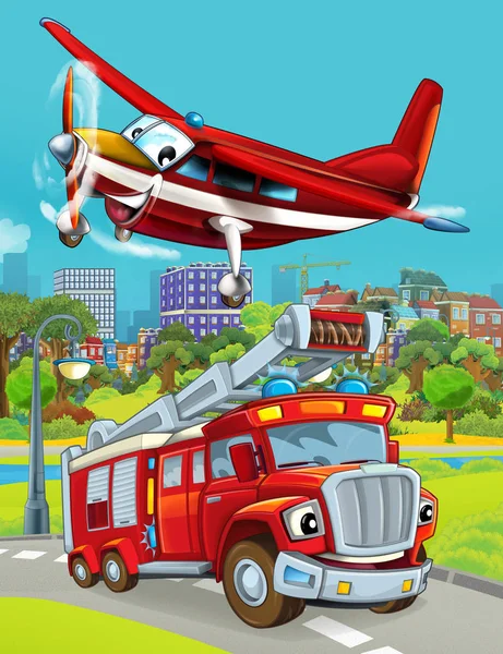 Cena dos desenhos animados com veículo bombeiro na estrada dirigindo pela cidade e avião sobrevoando - ilustração para crianças — Fotografia de Stock