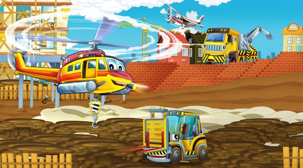 Cartoon scene met industrie auto 's op de bouwplaats en vliegende helikopter en vliegtuig - illustratie voor kinderen — Stockfoto