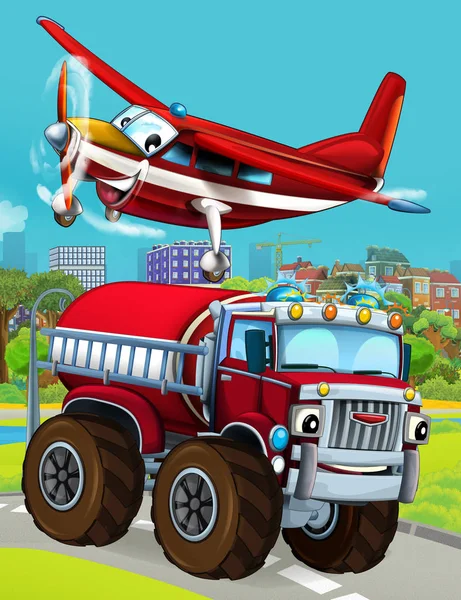 Cartoon scene with fireman vehicle on the road driving through the city and plane flying over - illustration for children — Stock Photo, Image