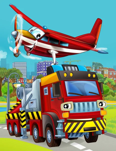 Cartoon scene with fireman vehicle on the road driving through the city and plane flying over - illustration for children — Stock Photo, Image