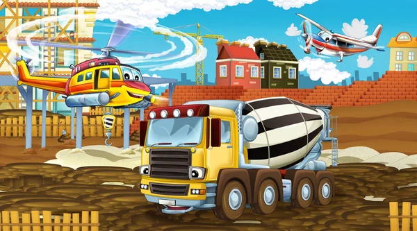 Escena de dibujos animados con coches de la industria en el sitio de construcción y helicóptero volador y avión - ilustración para los niños —  Fotos de Stock