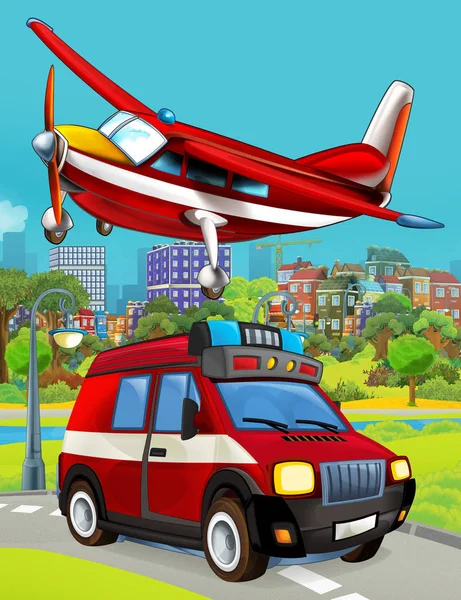 Escena de dibujos animados con vehículo bombero en la carretera que conduce a través de la ciudad y el avión volando sobre - ilustración para los niños —  Fotos de Stock