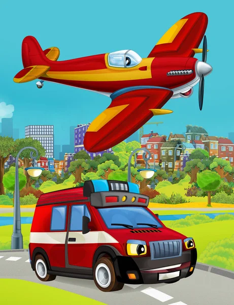 도시를 가로지르며 비행기를 타고 가는 소방관의 자동차 가 도로를 달리고 있는 만화 장면 이 어린이들을 위한 위 삽화이다 — 스톡 사진