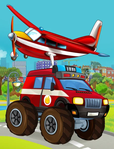 Cartoon scene met brandweerauto op de weg rijden door de stad en het vliegtuig vliegen over - illustratie voor kinderen — Stockfoto