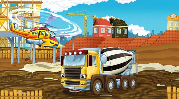 建設現場や飛行ヘリコプターの業界車と漫画シーン-子供のためのイラスト — ストック写真