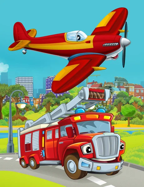 Cartoon scene with fireman vehicle on the road driving through the city and plane flying over - illustration for children — Stock Photo, Image