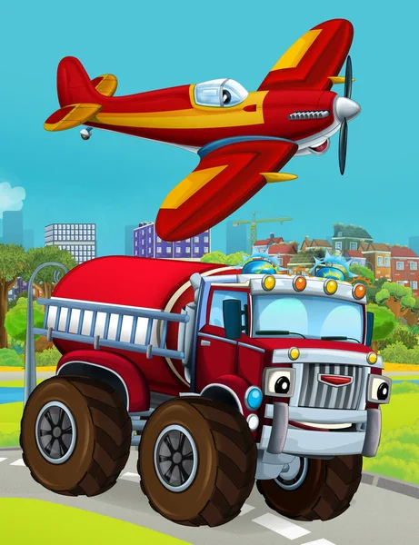 Escena de dibujos animados con vehículo bombero en la carretera que conduce a través de la ciudad y el avión volando sobre - ilustración para los niños —  Fotos de Stock