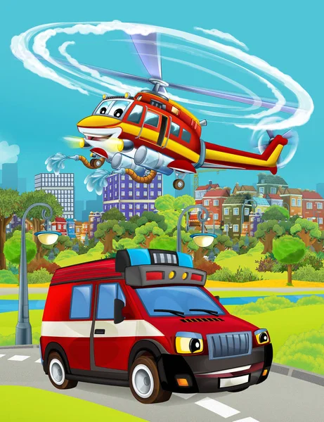 Tecknad scen med brandman fordon på vägen kör genom staden och helikopter flyger över - illustration för barn — Stockfoto