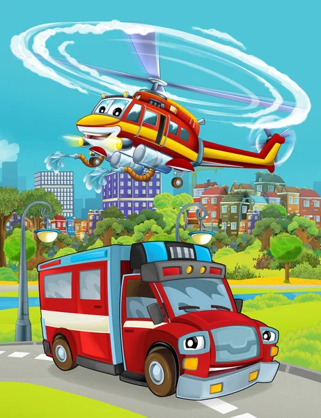 Cartoon scene with fireman vehicle on the road driving through the city and helicopter flying over - illustration for children — Stock Photo, Image