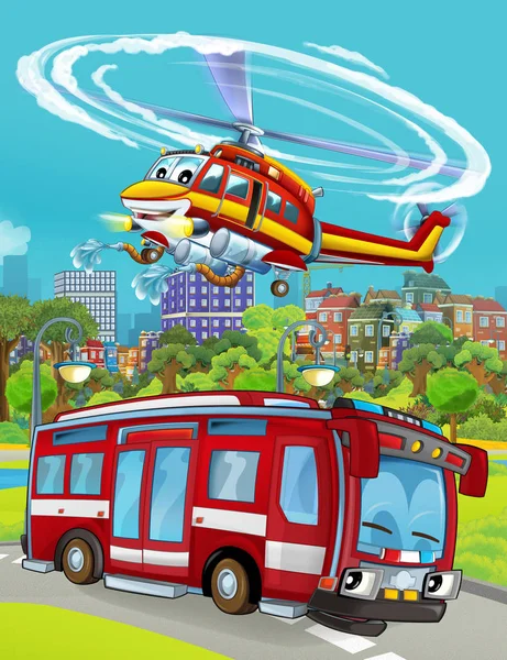 Cartoon scene met brandweerauto op de weg rijden door de stad en helikopter vliegen over - illustratie voor kinderen — Stockfoto