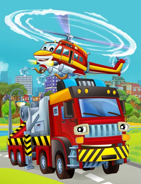 Cartoon scene met brandweerauto op de weg rijden door de stad en helikopter vliegen over - illustratie voor kinderen — Stockfoto