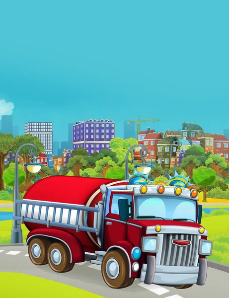 Cartoon scene with fireman vehicle on the road - illustration for children — Stock Photo, Image