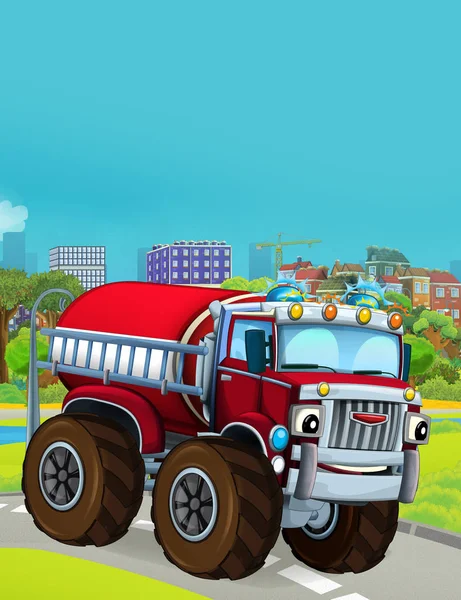 Мультфильм сцена с пожарным транспортным средством на дороге - иллюстрация для детей — стоковое фото