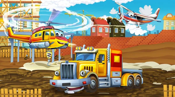 Cartoon scene met industrie auto 's op de bouwplaats en vliegende helikopter en vliegtuig - illustratie voor kinderen — Stockfoto