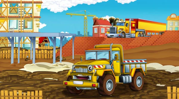 Cartoon-Szene mit Industrieautos auf Baustelle - Illustration für Kinder — Stockfoto