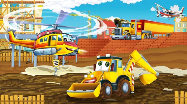 Cena dos desenhos animados com carros da indústria no local de construção e helicóptero voador - ilustração para crianças — Fotografia de Stock