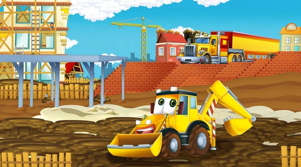 Kreslená scéna s průmyslovými automobily na staveništi - ilustrace pro děti — Stock fotografie