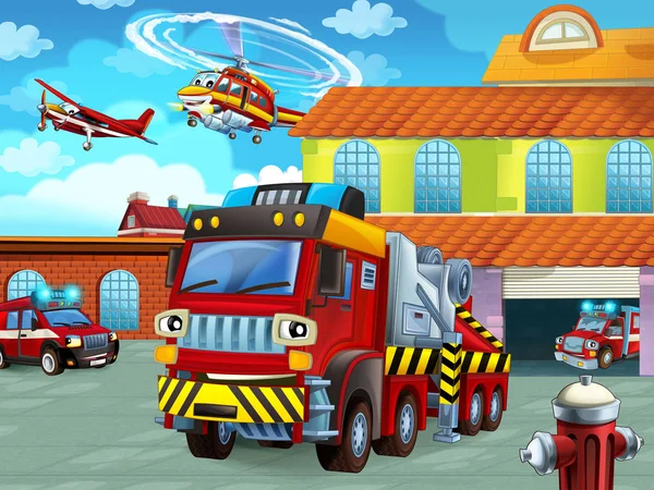 Мультфильм сцена с пожарным транспортным средством на дороге возле пожарной станции - иллюстрация для детей — стоковое фото