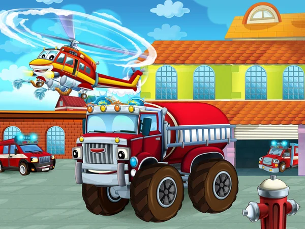 Cartoon scene with fireman vehicle on the road near the fire station - illustration for children — 스톡 사진