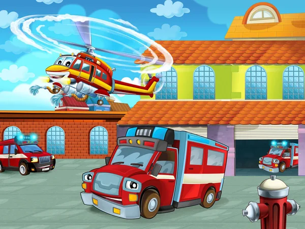 Cartoon scene with fireman vehicle on the road near the fire station - illustration for children — 스톡 사진