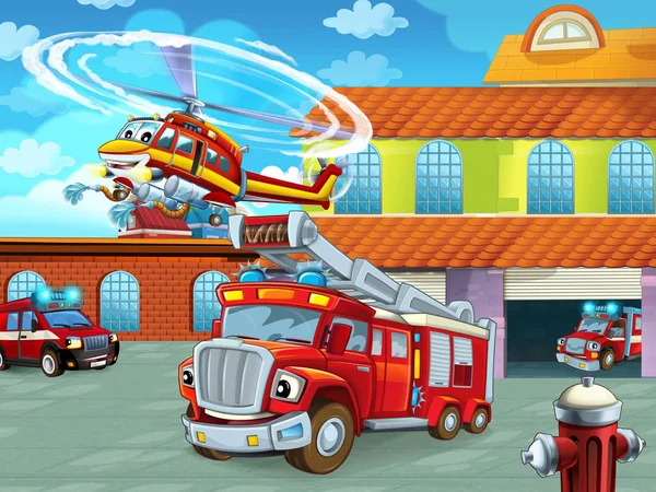 Cartoon scene with fireman vehicle on the road near the fire station - illustration for children — 스톡 사진