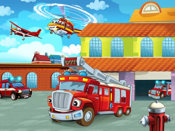 Cartoon scene with fireman vehicle on the road near the fire station - illustration for children — 스톡 사진