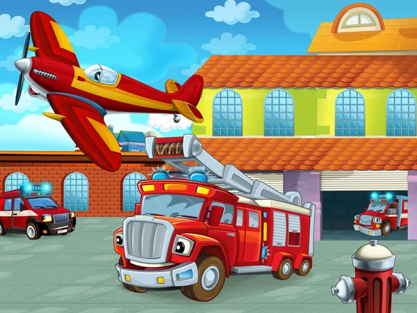 Scena z kreskówek ze strażakiem na drodze w pobliżu remizy strażackiej - ilustracja dla dzieci — Zdjęcie stockowe