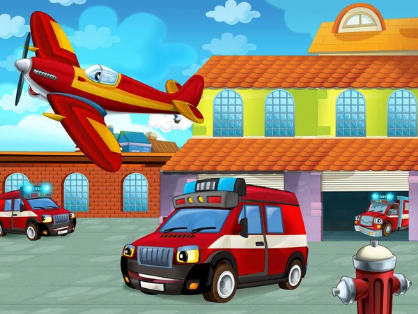 Cartoon scene with fireman vehicle on the road near the fire station - illustration for children — 스톡 사진