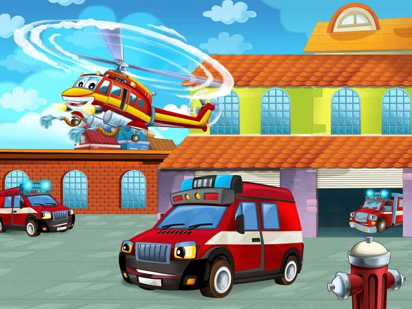 Scena dei cartoni animati con veicolo pompiere sulla strada vicino alla stazione dei pompieri - illustrazione per bambini — Foto Stock