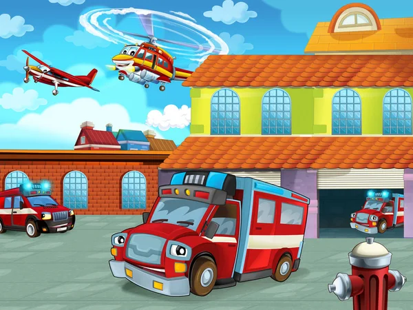 Мультфильм сцена с пожарным транспортным средством на дороге возле пожарной станции - иллюстрация для детей — стоковое фото