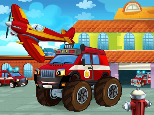 Cartoon scene with fireman vehicle on the road near the fire station - illustration for children — 스톡 사진