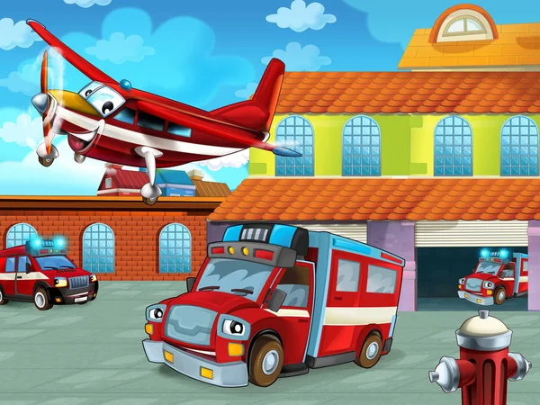 Cartoon scene with fireman vehicle on the road near the fire station - illustration for children — Stock Photo, Image