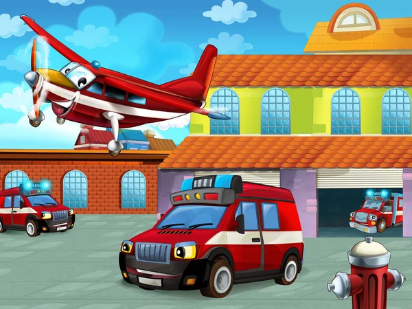 Cartoon scene with fireman vehicle on the road near the fire station - illustration for children — ストック写真